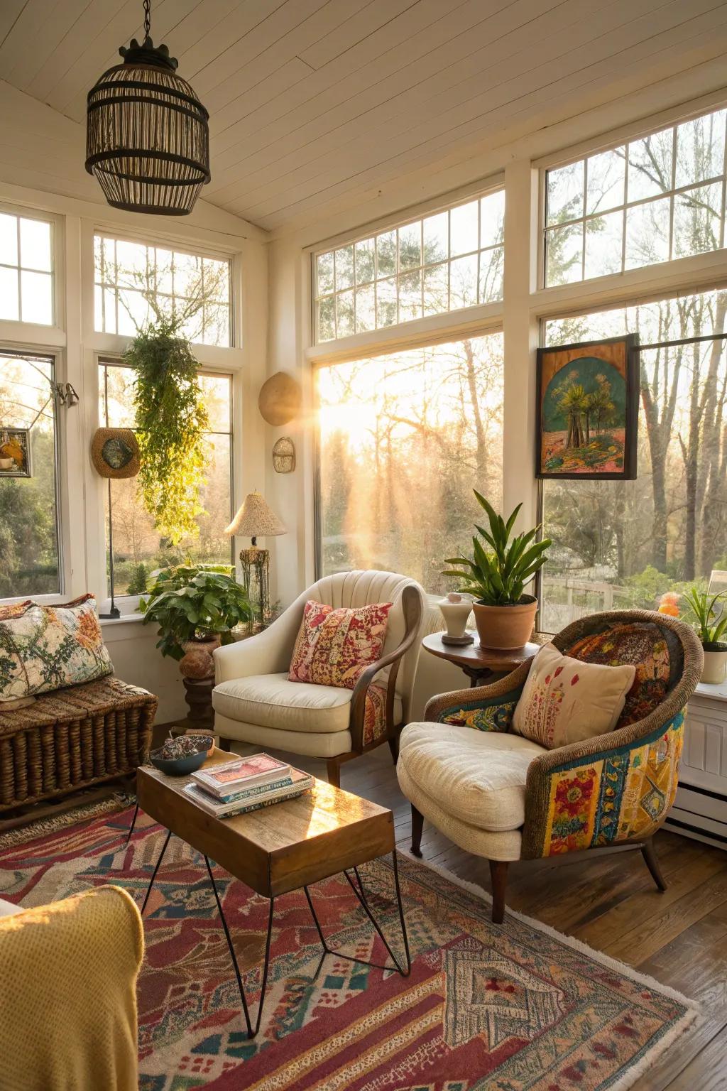A varied blend of aesthetics gifts the sunroom a distinctive character.