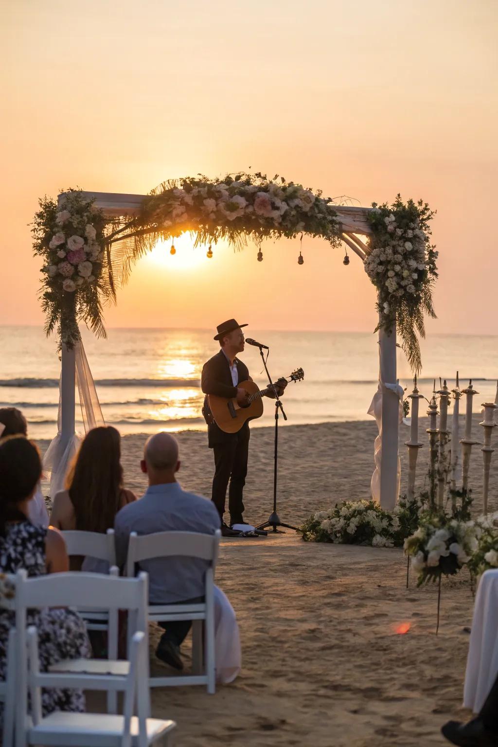 A guitarist providing live music at a sunset ceremony.