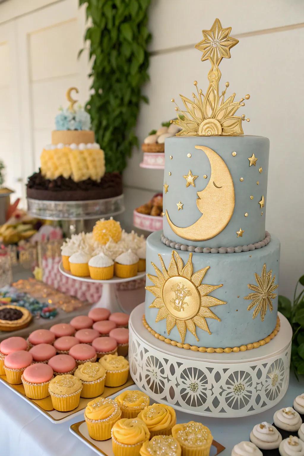 A stunning solar and lunar confection that serves as a symbolic centerpiece.