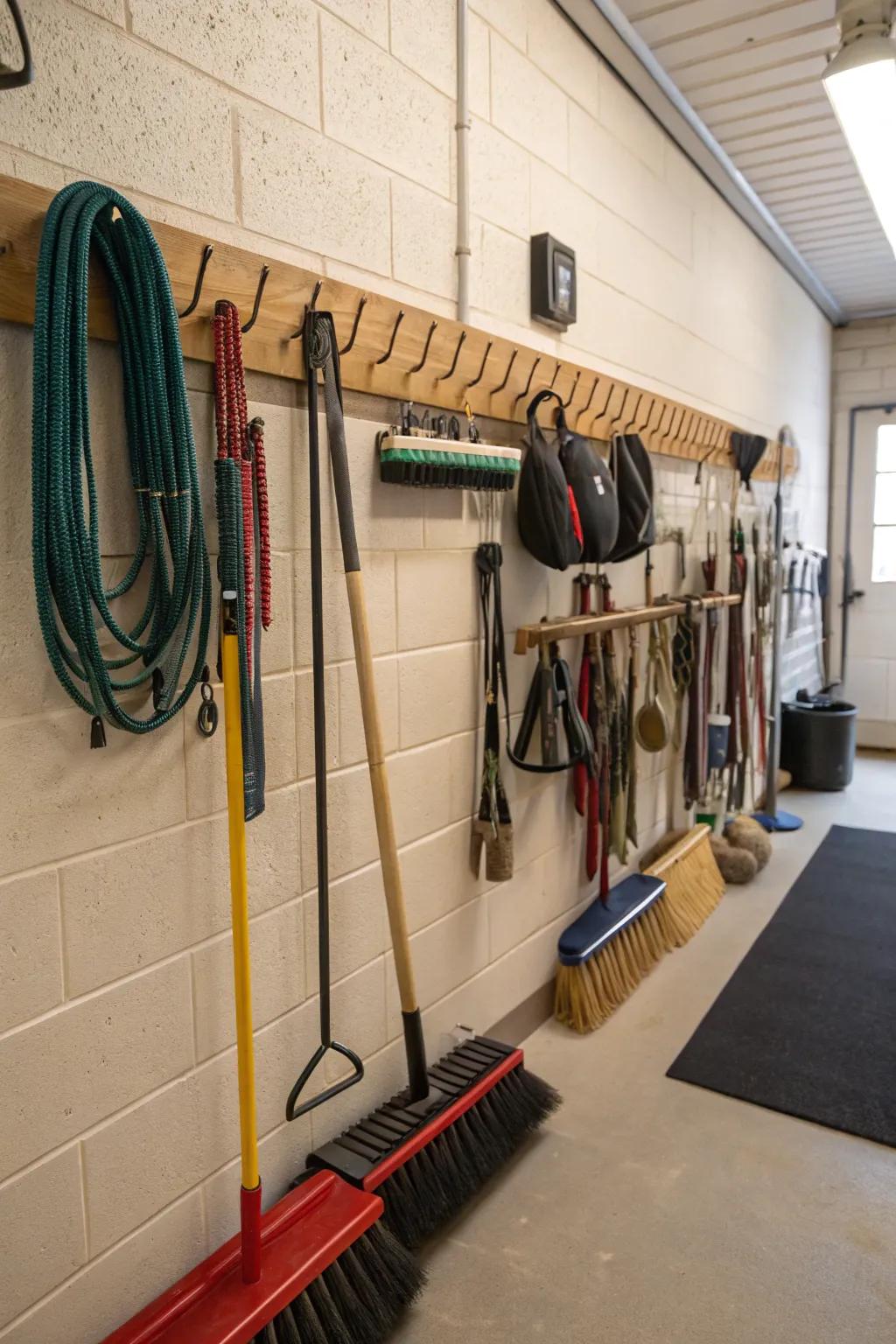 Cleaning racks in a tack room for structured upkeep.