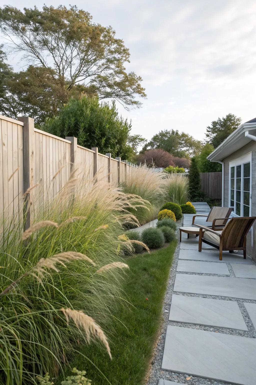 Soaring ornamental grasses furnishing a natural and graceful privacy solution.