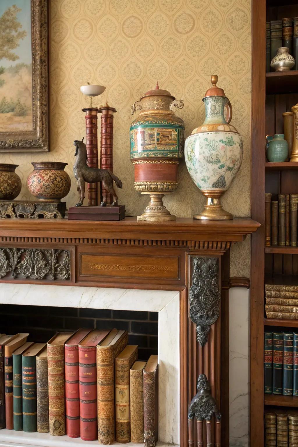 A high mantel showcasing vintage decor for added personality.