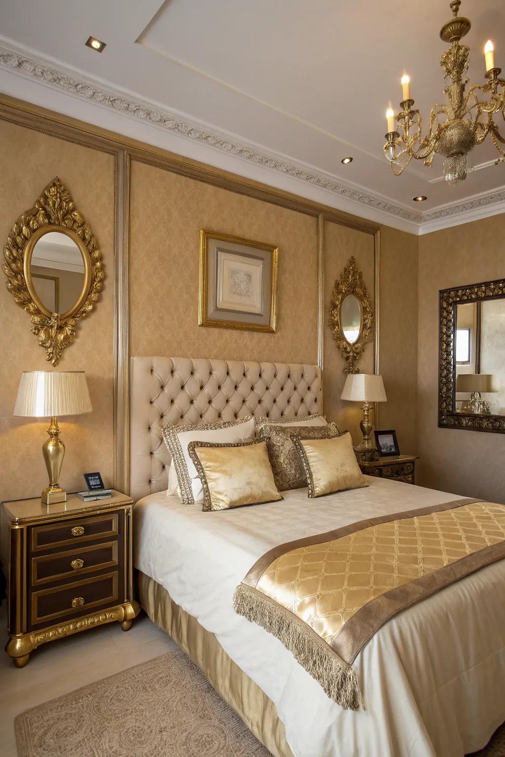 The tan décor is given a sophisticated edge with gold accents.
