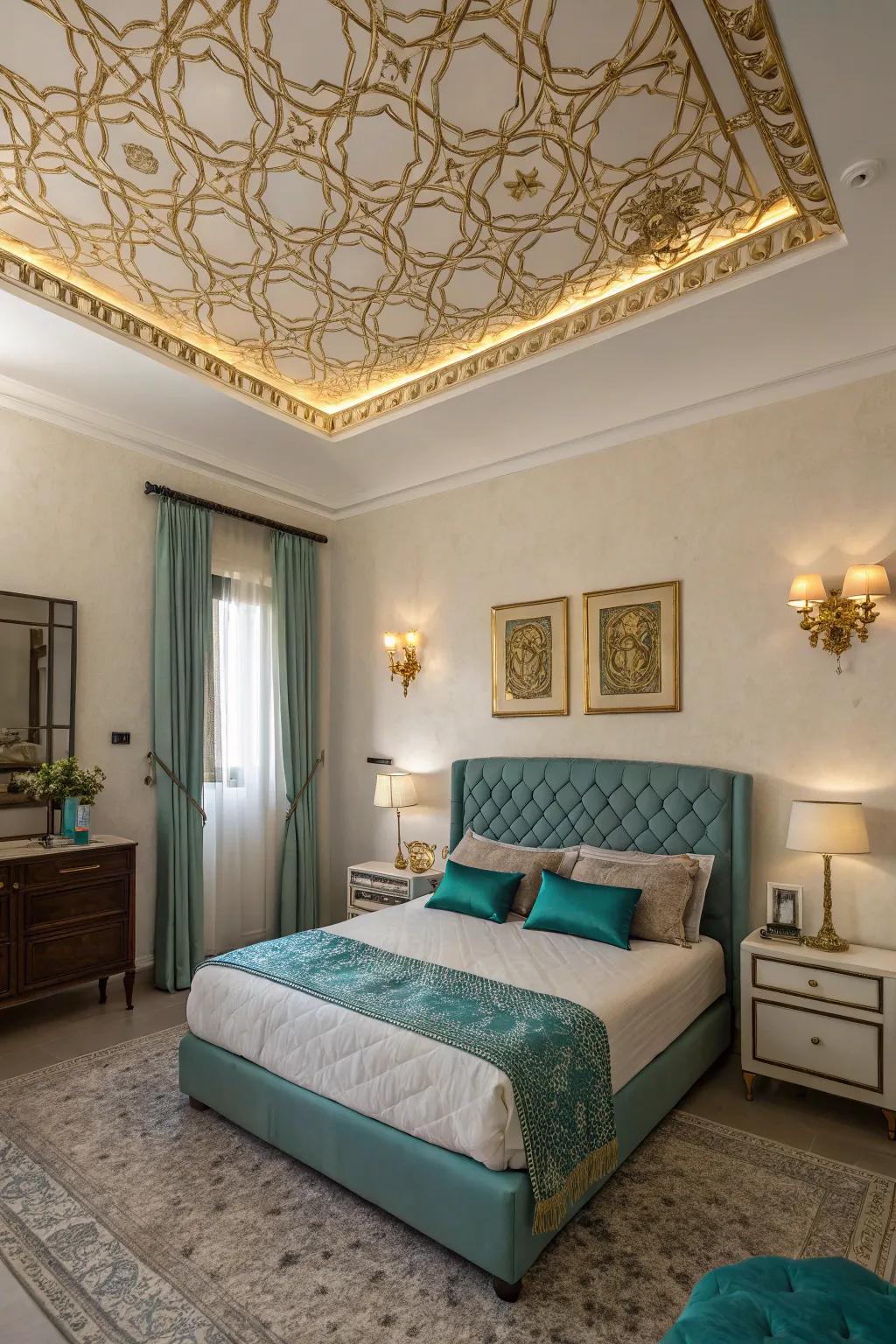 A gilded-accented overhead adds unexpected grandeur to this sleeping quarters.