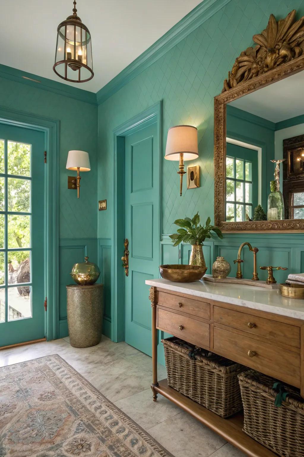 Vintage charm brought to life with teal walls and brass details.