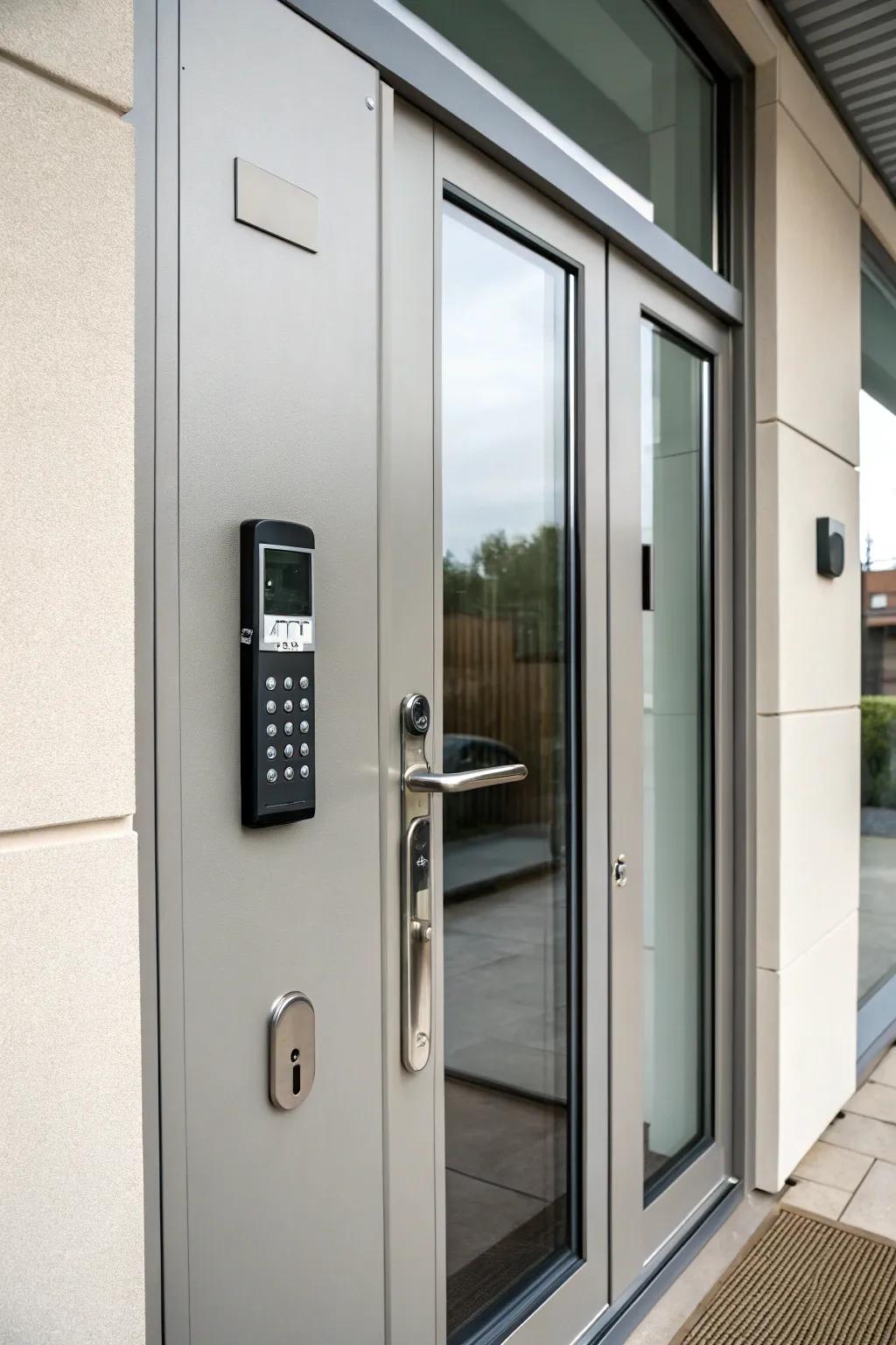 A door with a stylish digital keypad entry system.