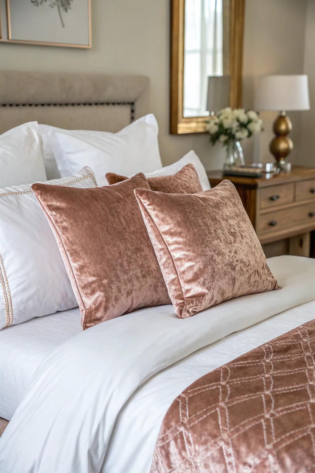 Velvet rose gold pillows contribute an opulent touch to your bedding.