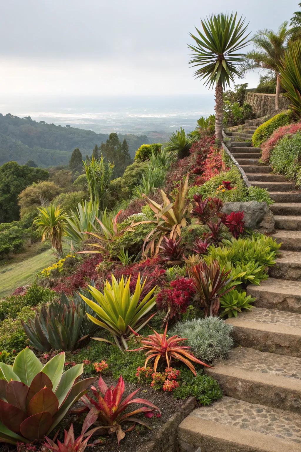 A terraced garden showcasing unique flora pairings, crafting visually striking contrasts.