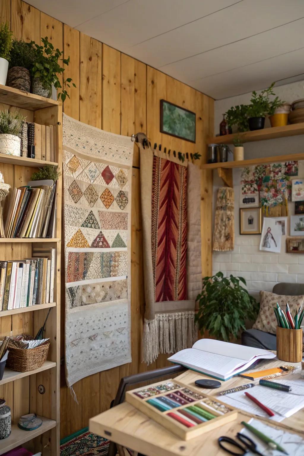 Upcycled materials add charm and a feel of eco-friendliness to this art piece with textures.