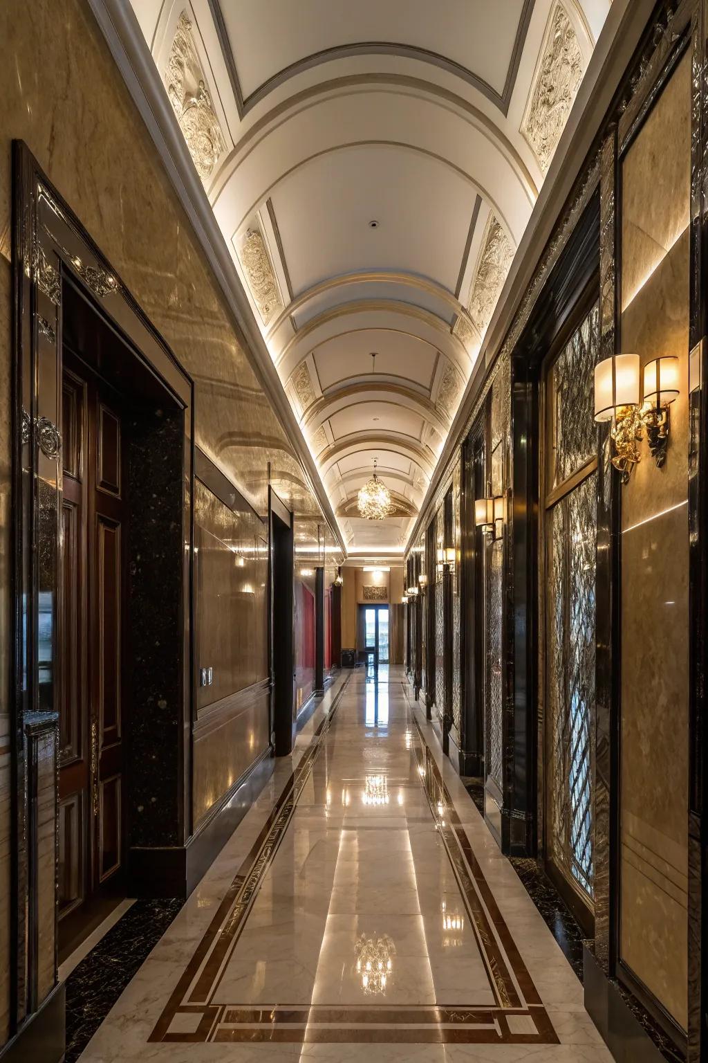 A hallway with walls painted in high-gloss lacquered paint.