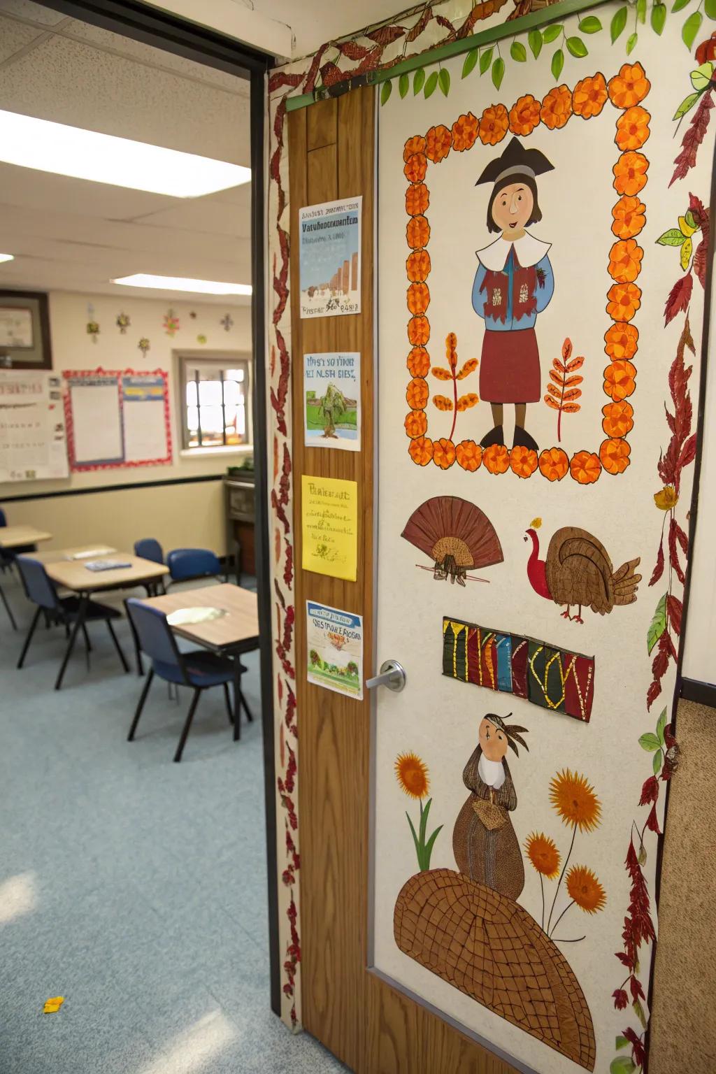 A historical Thanksgiving door exhibit intermingling education and art.