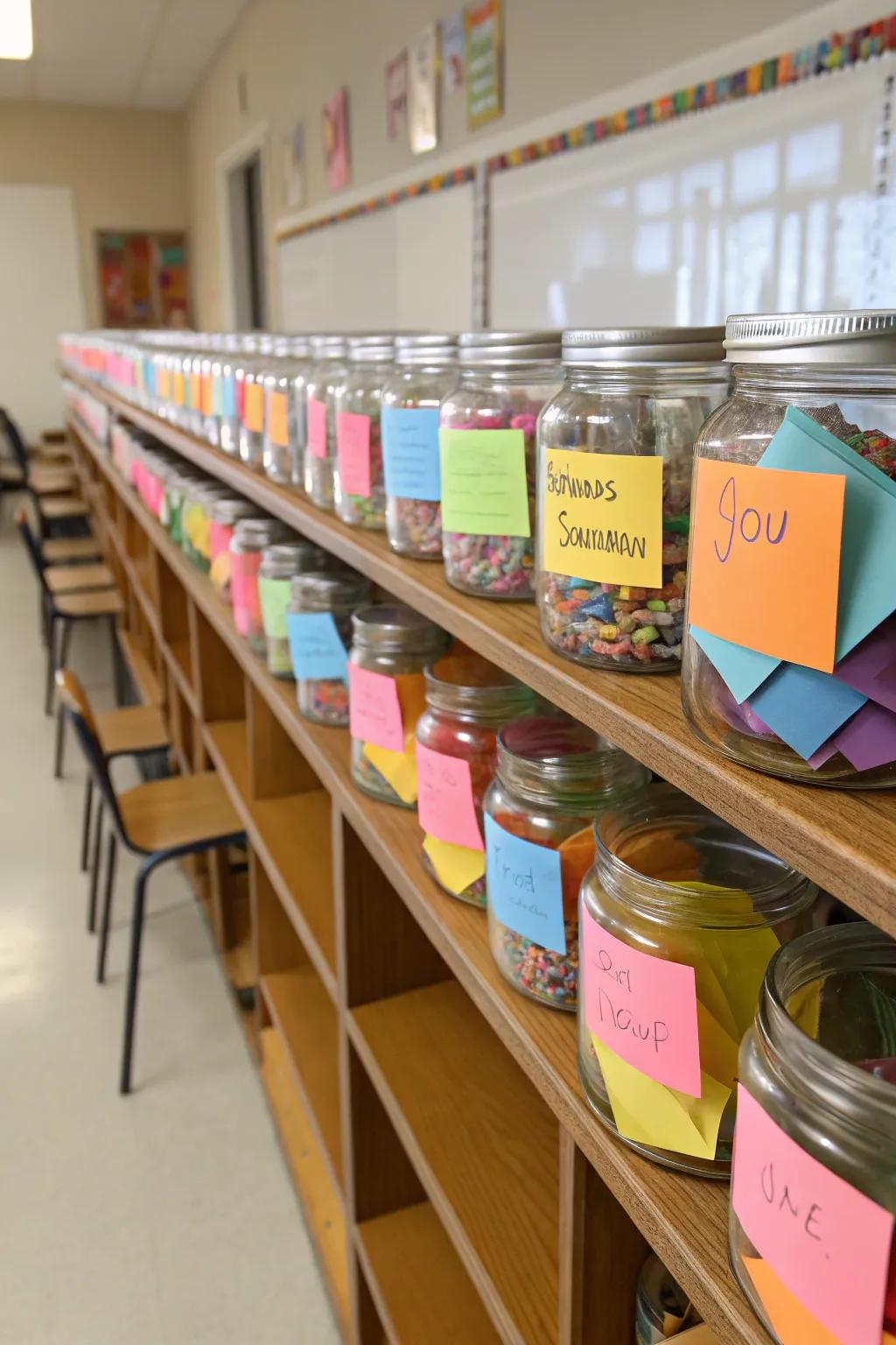 Gratitude jars filled with student notes.