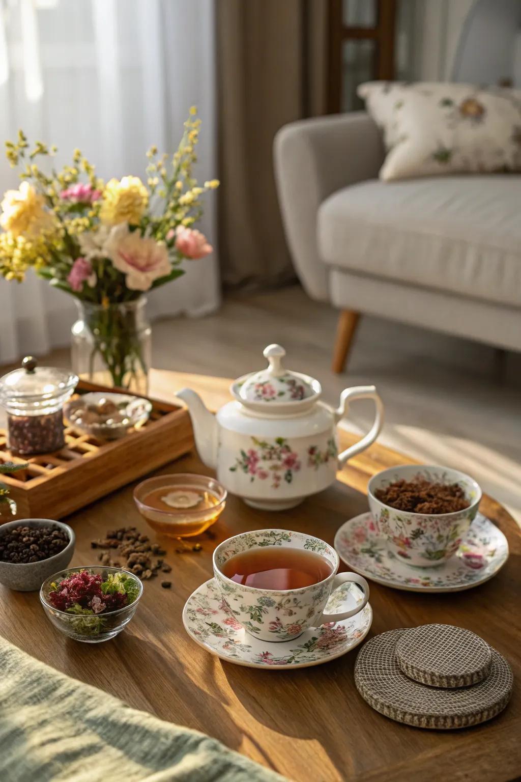 A tea tasting encounter contributes a sophisticated touch to the celebration.