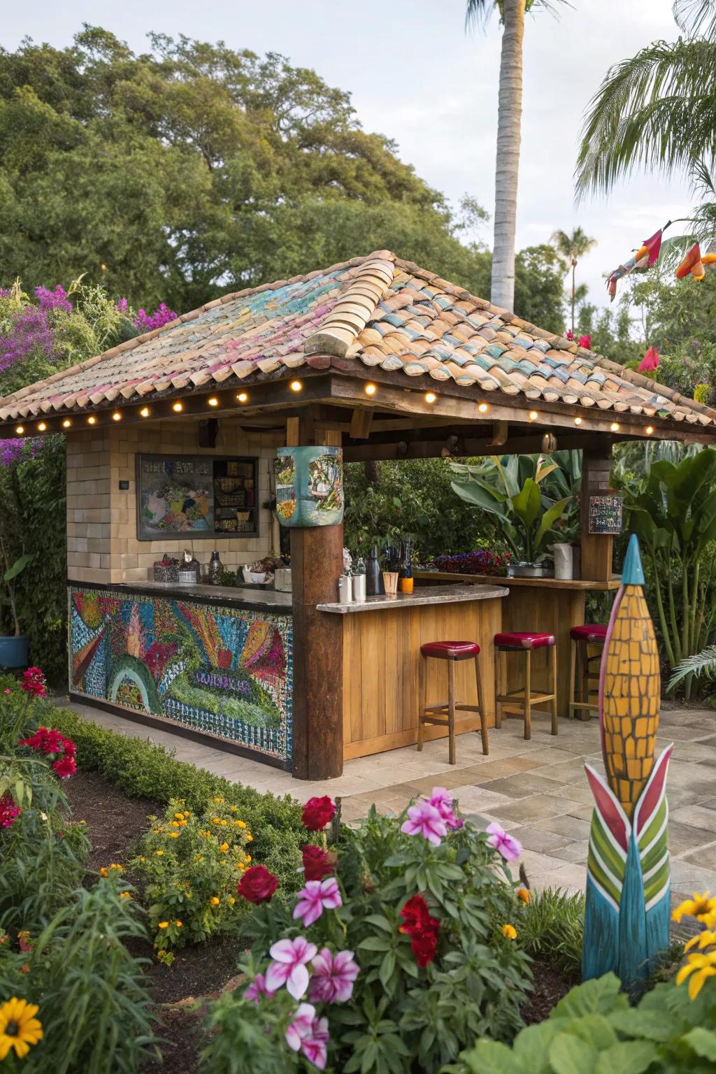 Tile mosaics give your tiki bar color and creative flair.