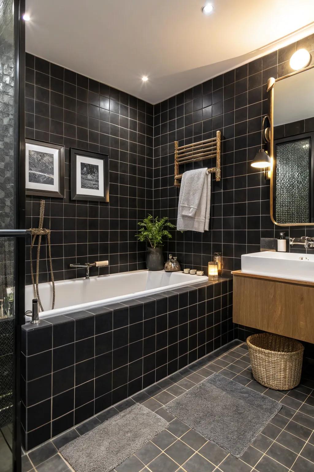 Black tiling creates a striking, sophisticated look for your bathtub area.