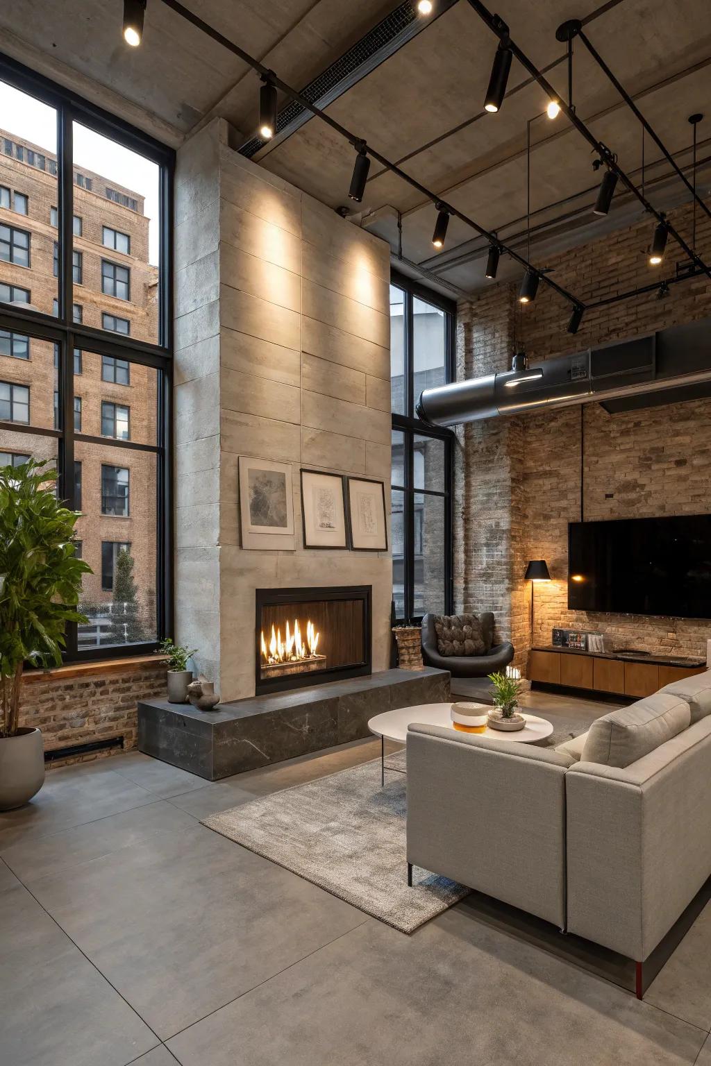 Concrete-look panels add an industrial edge to this bold fireplace.