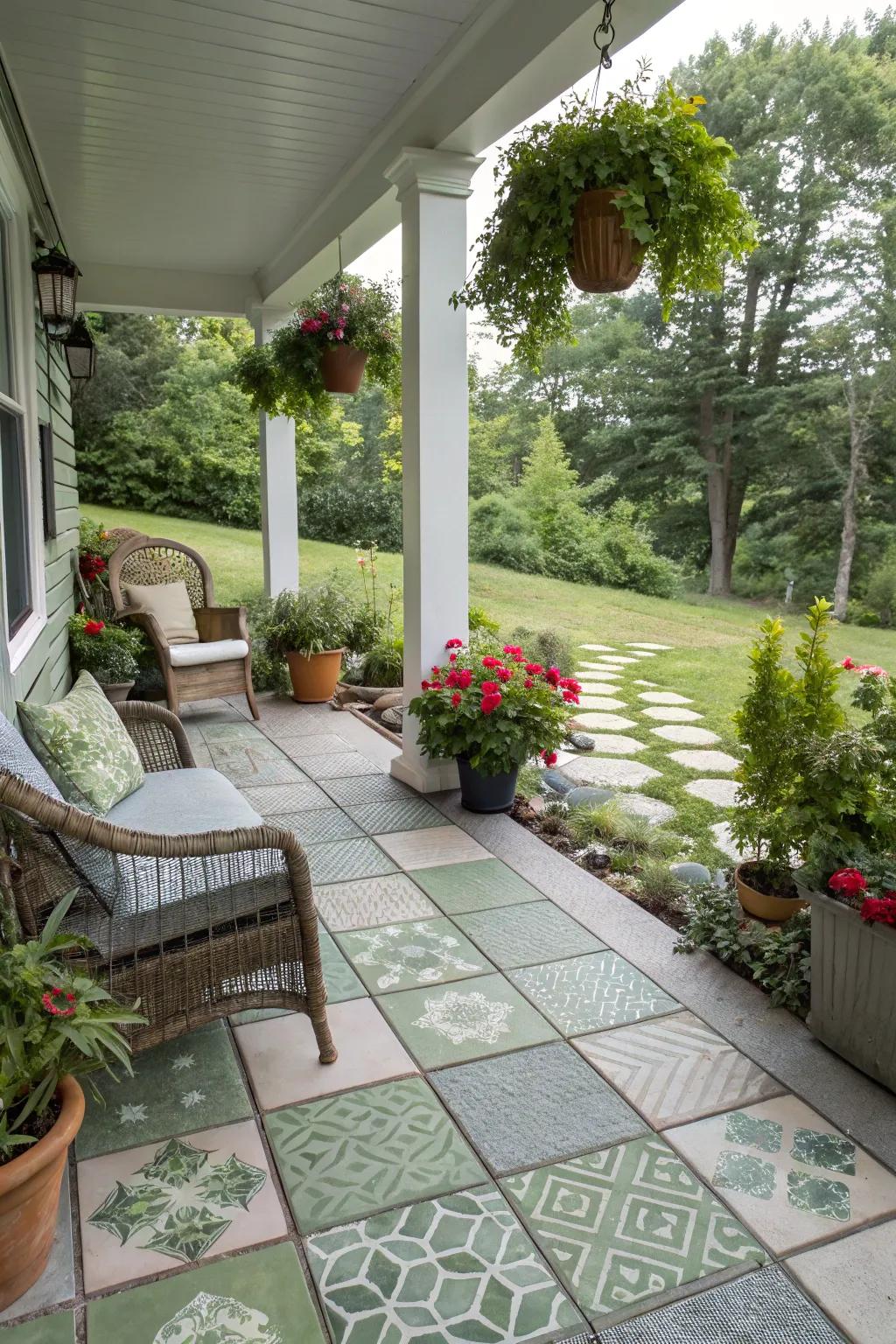 Earth Conscious reclaimed tiles present a stylish and sustainable porch design.