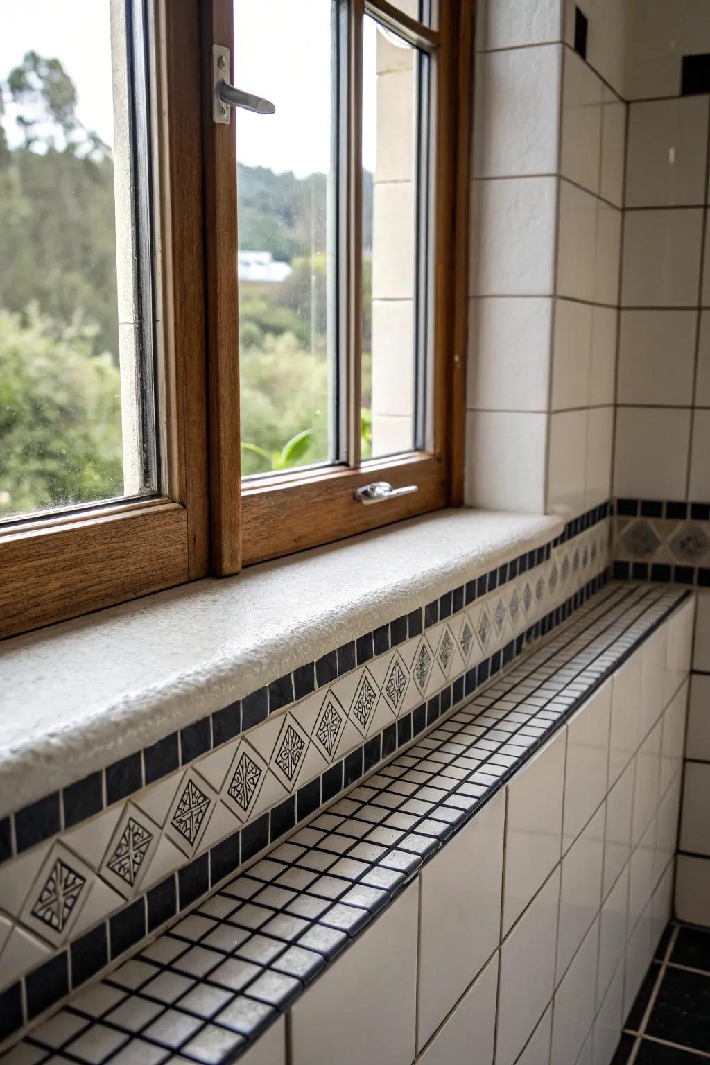 Striking joint filler highlights the tiles, adding drama and interest to this bathroom window sill.