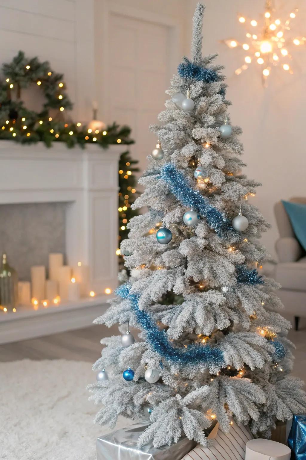 A winter-inspired home decor scene with a frosty silver and blue tinsel Christmas tree.
