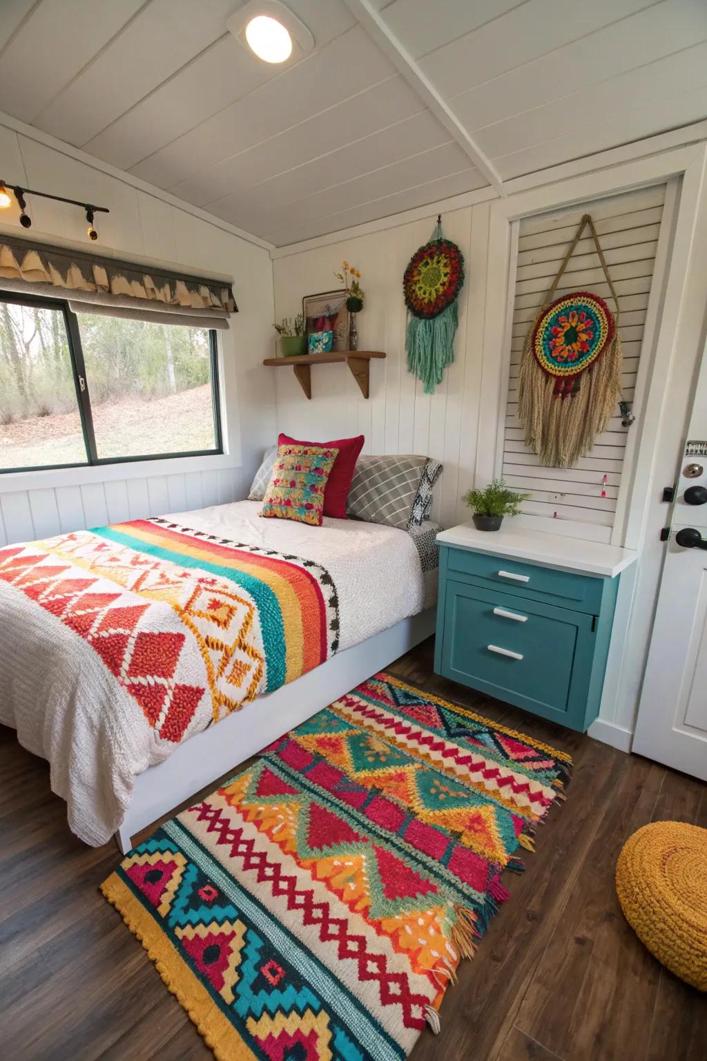 Bold accents adding character to a minimalist tiny bedroom.