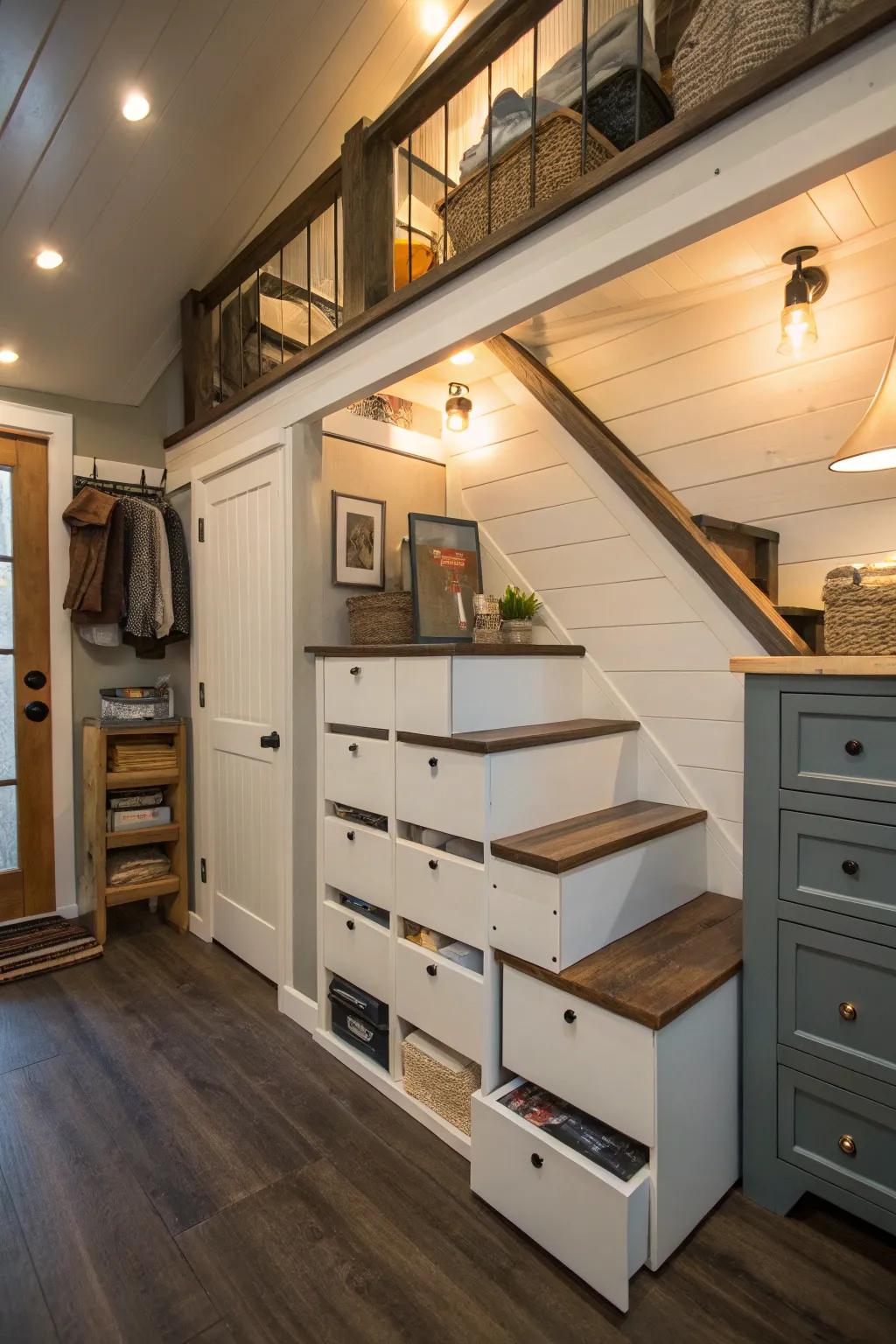 Transforming stairs into storage.