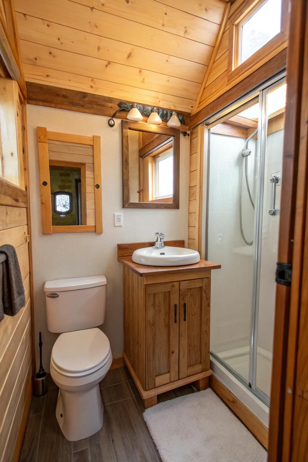 Wooden touches add warmth and charm to the bathroom.