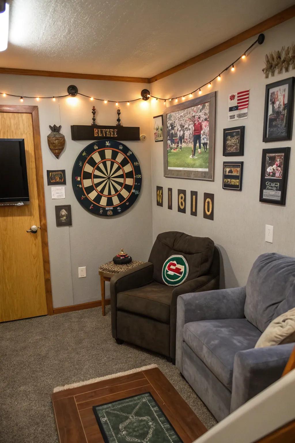 A dartboard adds entertainment to a compact personal haven.