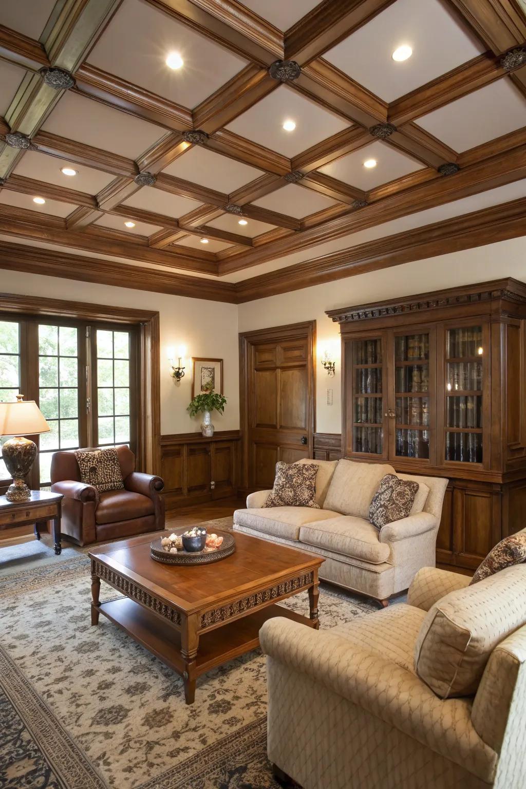 Coffered ceilings inject sophistication into this classic living room.