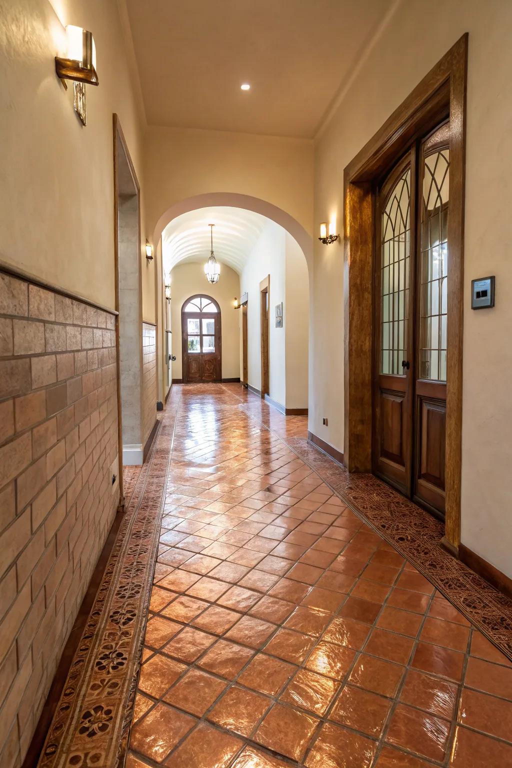 Add sophistication with warm bronze tile transitions.