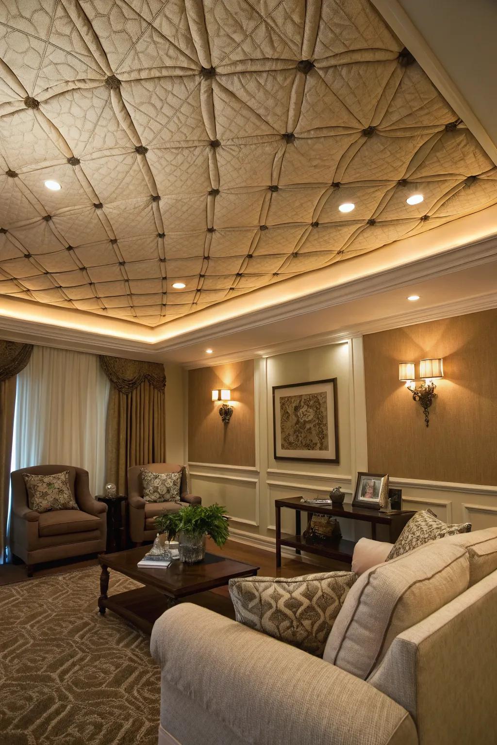 A cozy room featuring a tray ceiling adorned with fabric application.