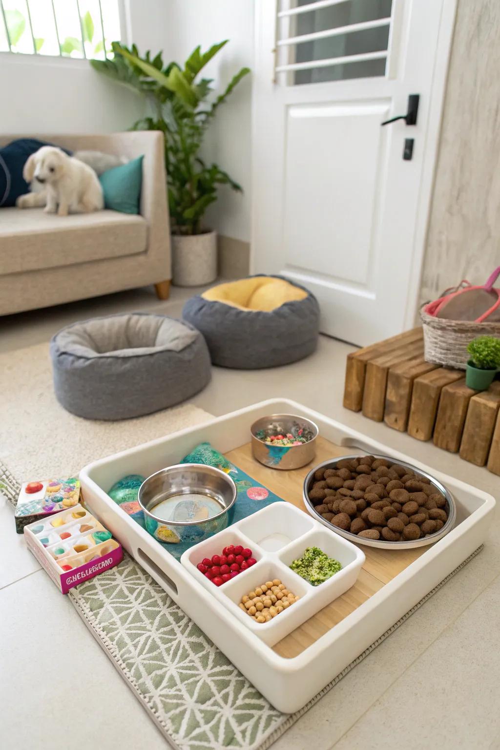 An organized pet-optimized zone exhibiting essential commodities.