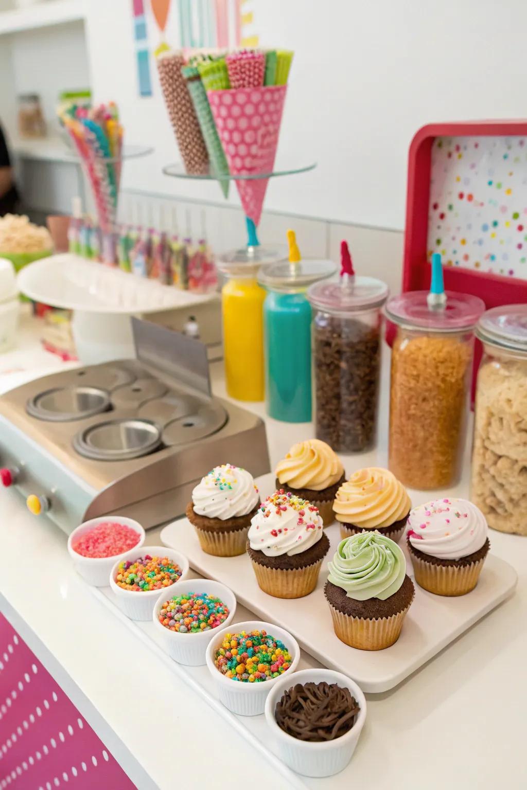 Small cake decorating area featuring assorted garnishes.