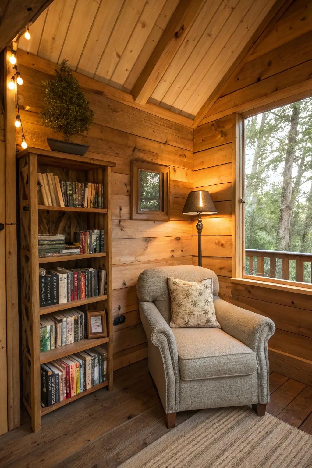 A mini library inside a treehouse, providing a cozy escape for book lovers.