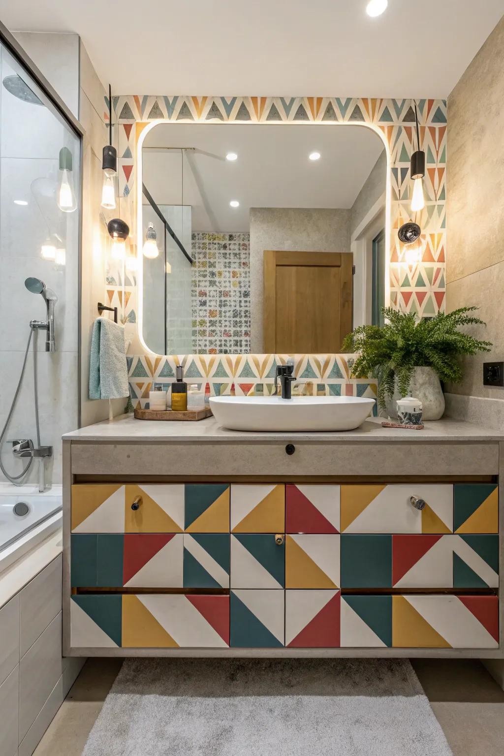 A modern bathroom vanity with shape patterns for a playful and engaging look.