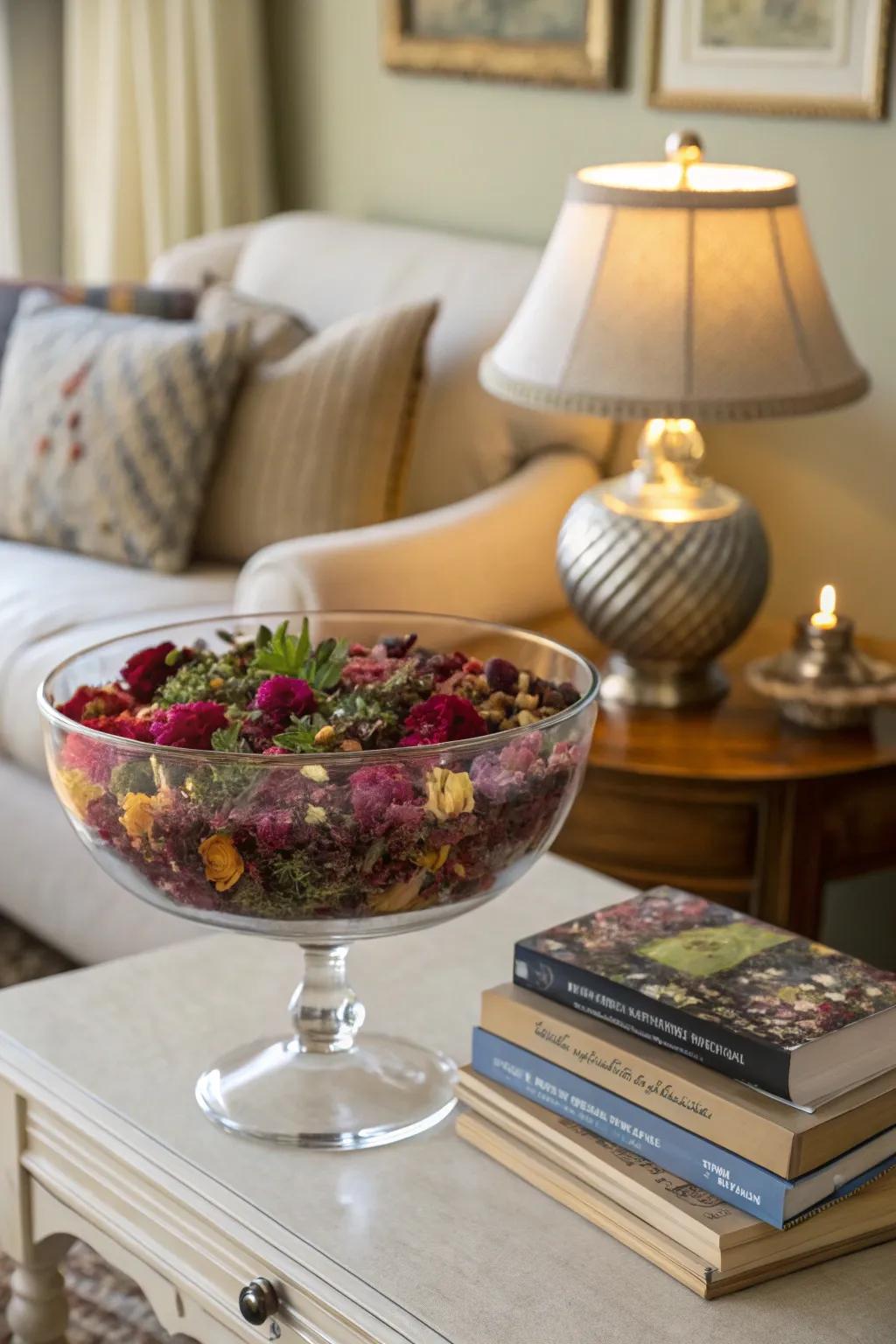 A presentation bowl acting as a fragrant potpourri holder.