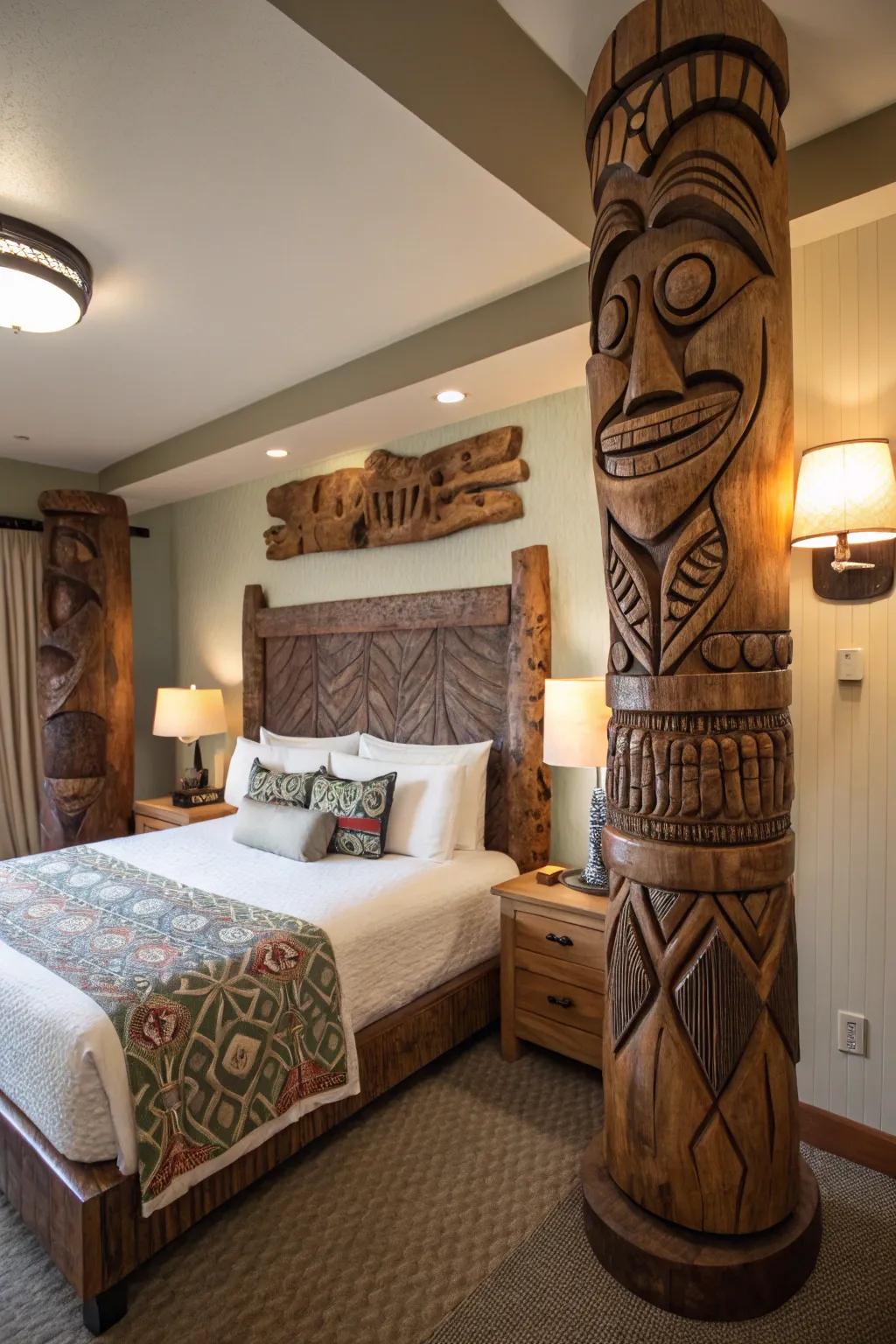 Idols elements add personality and playfulness to your tropical bedroom.