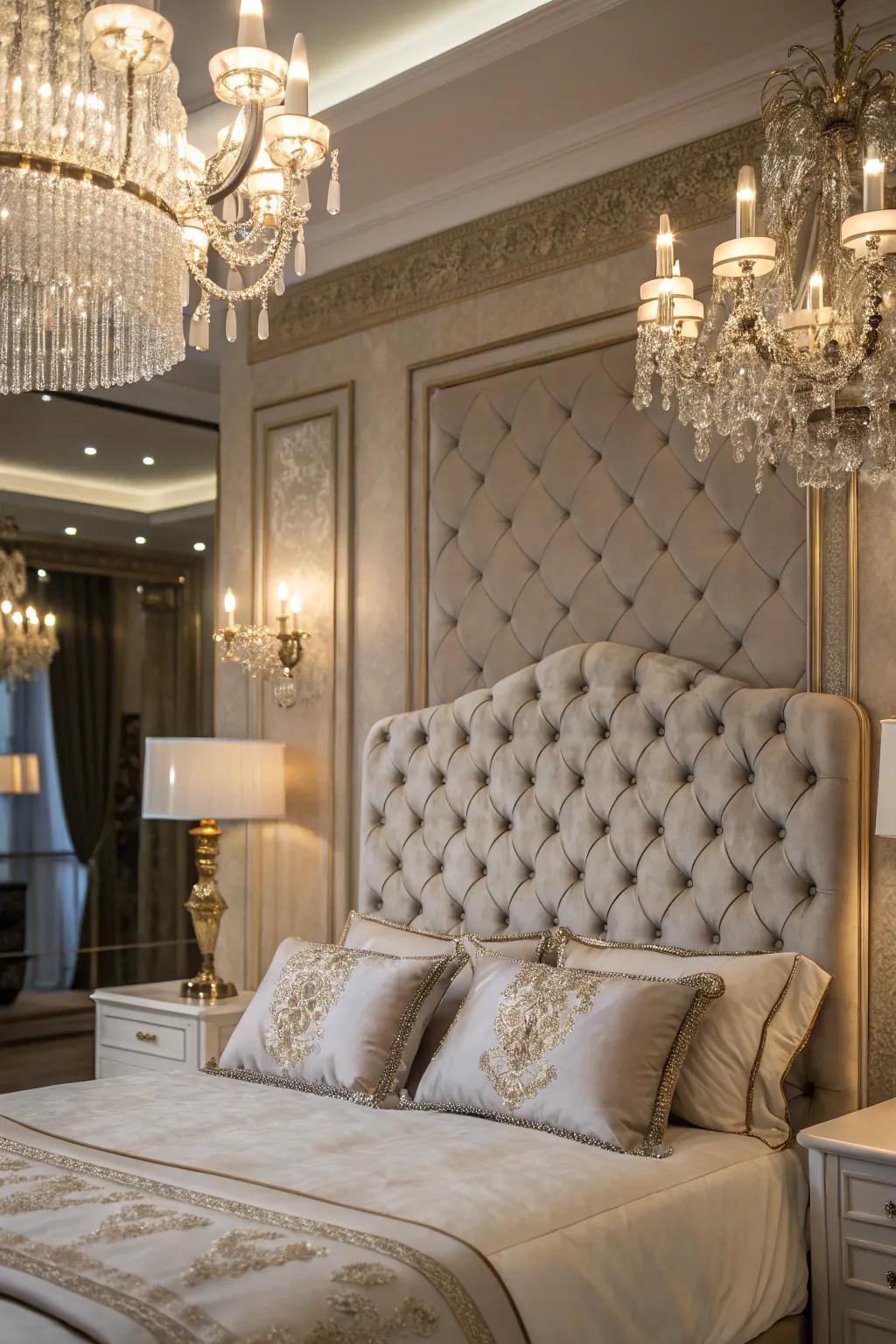 A glamorous bedroom showcasing a luxe tufted headboard.