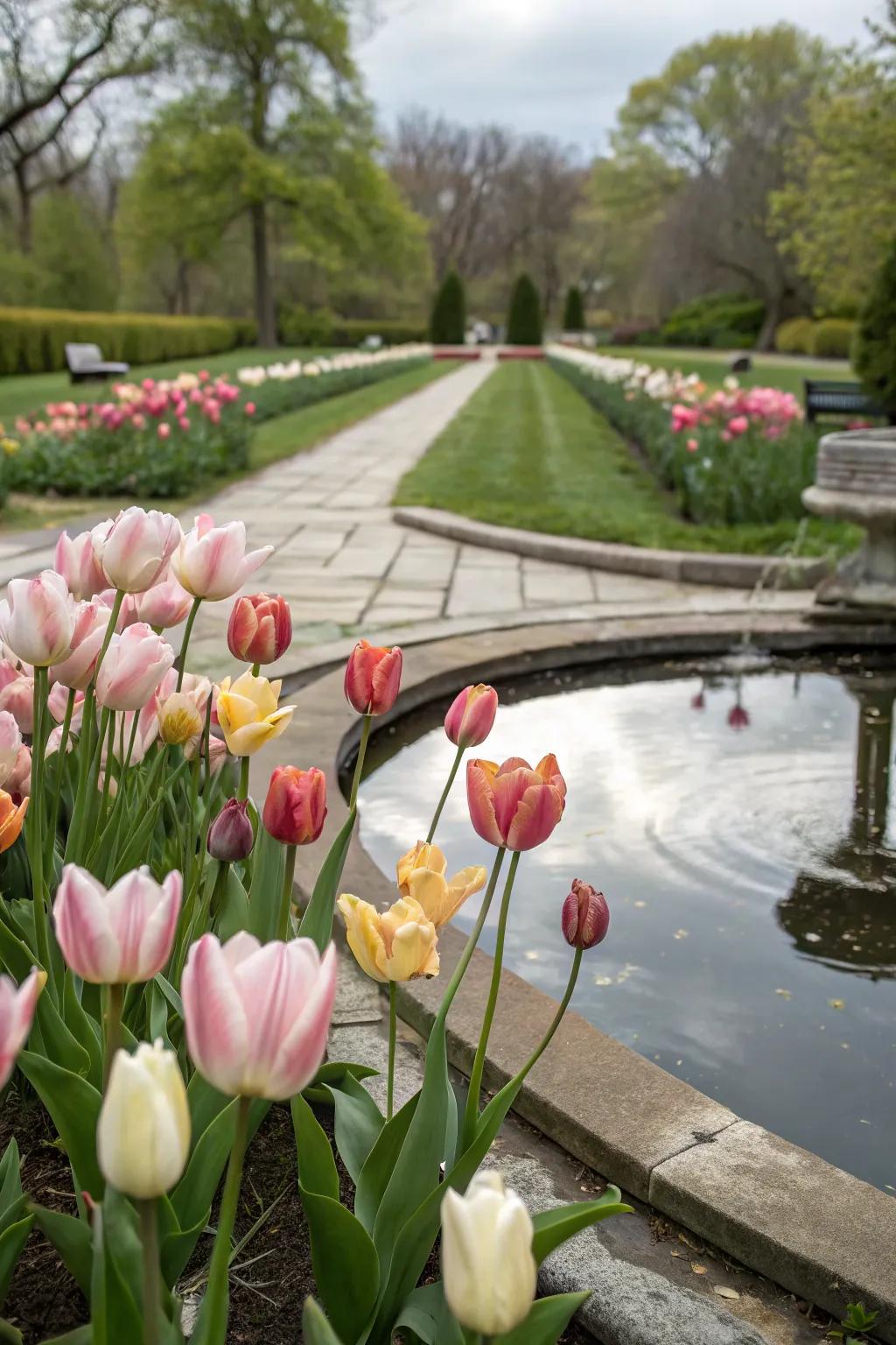Tulips beautifully arranged around a reflective water feature, enhancing garden tranquility.