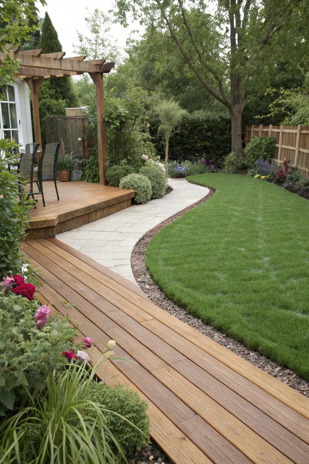 A deck’s perimeter softened with turf.