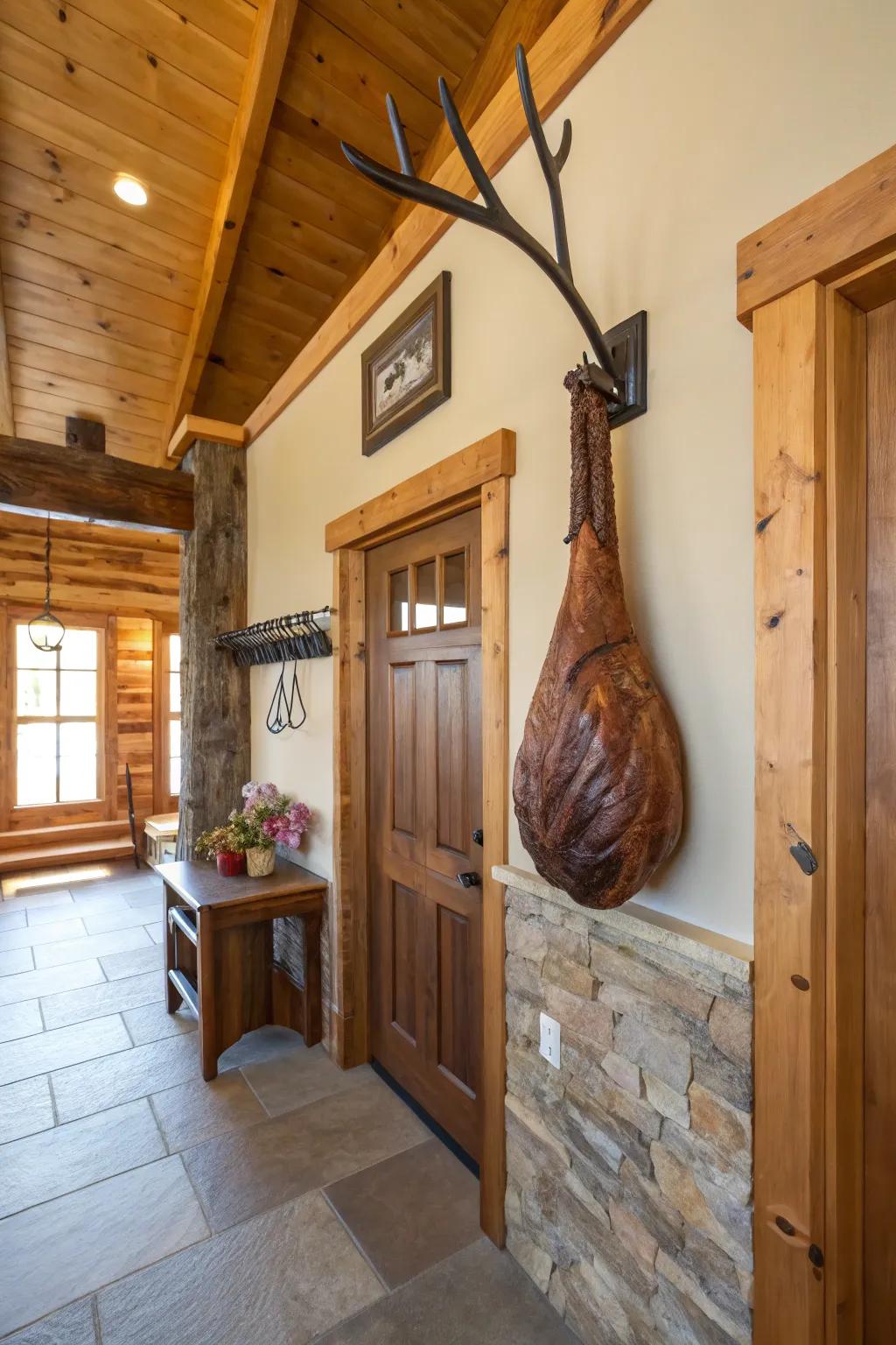 A whimsical turkey appendage coat support adorning an unrefined entryway.