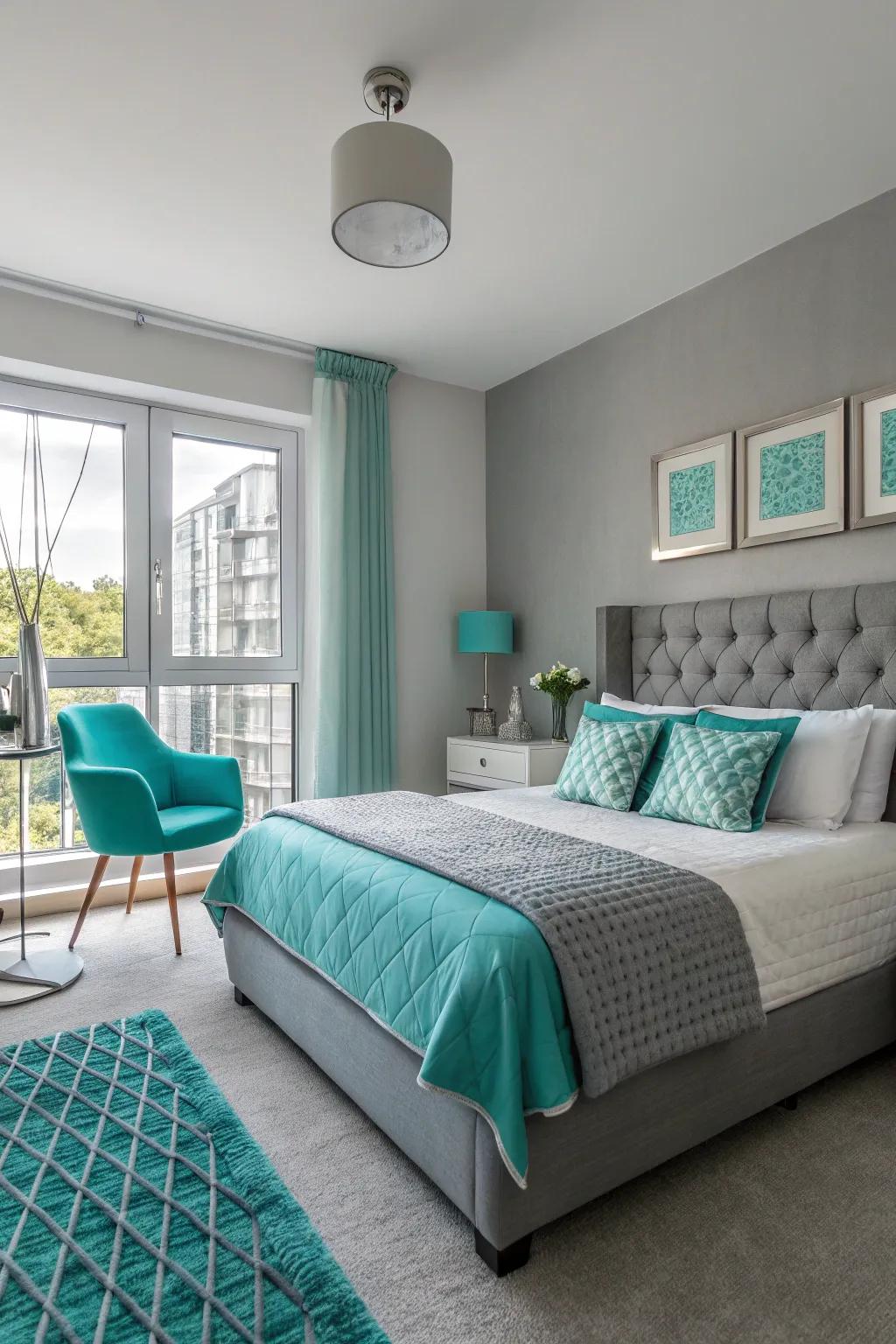 Turquoise and gray create a sophisticated look.