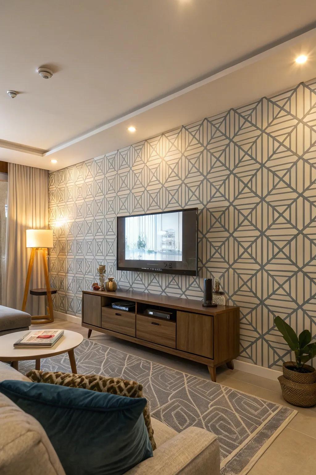 Geometric covering introduces a modern spin to this TV feature wall.