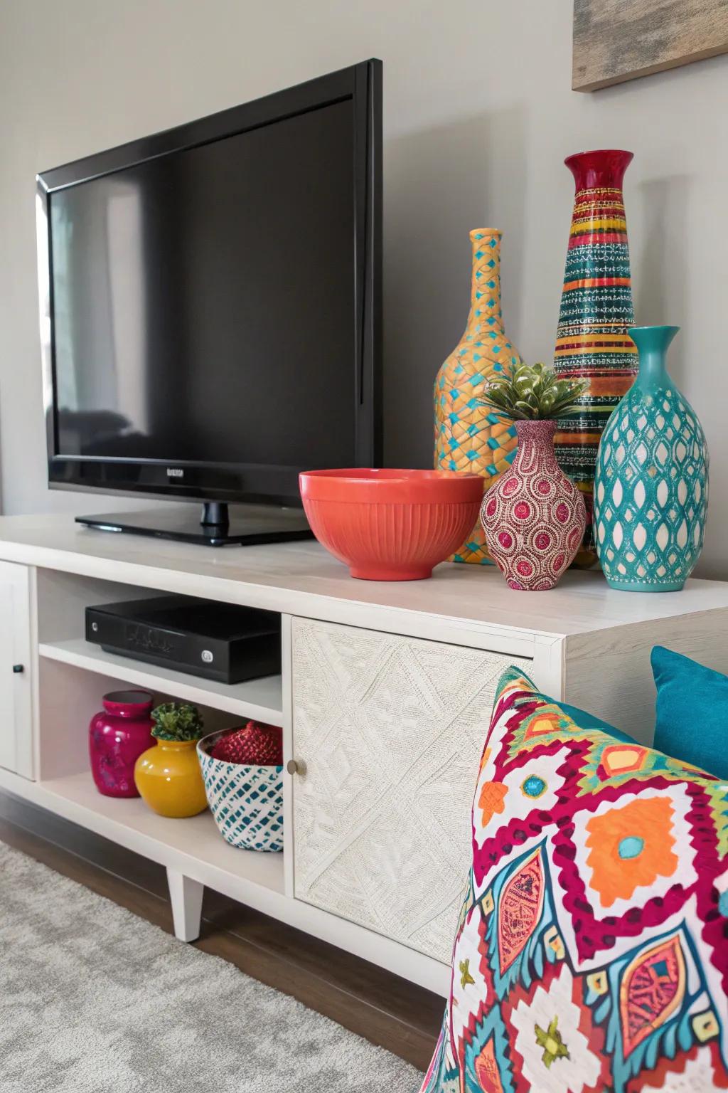 Bold accents bringing a burst of color to a TV stand.