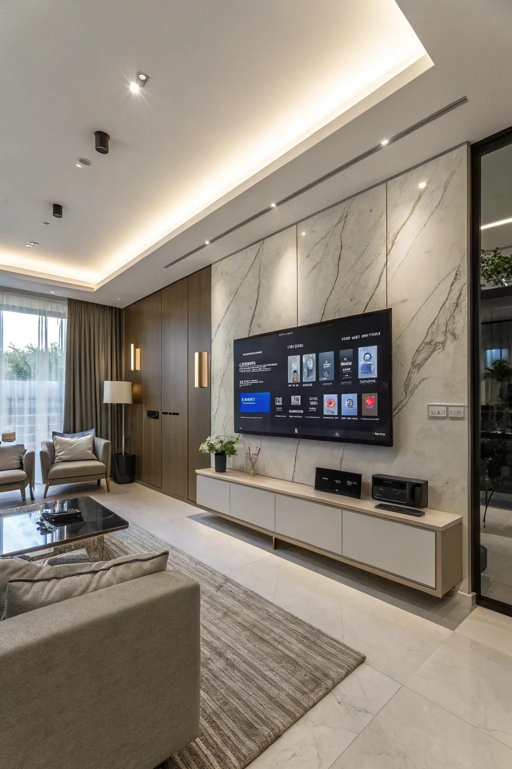 Smart technology integration introduces modern ease to this TV wall.