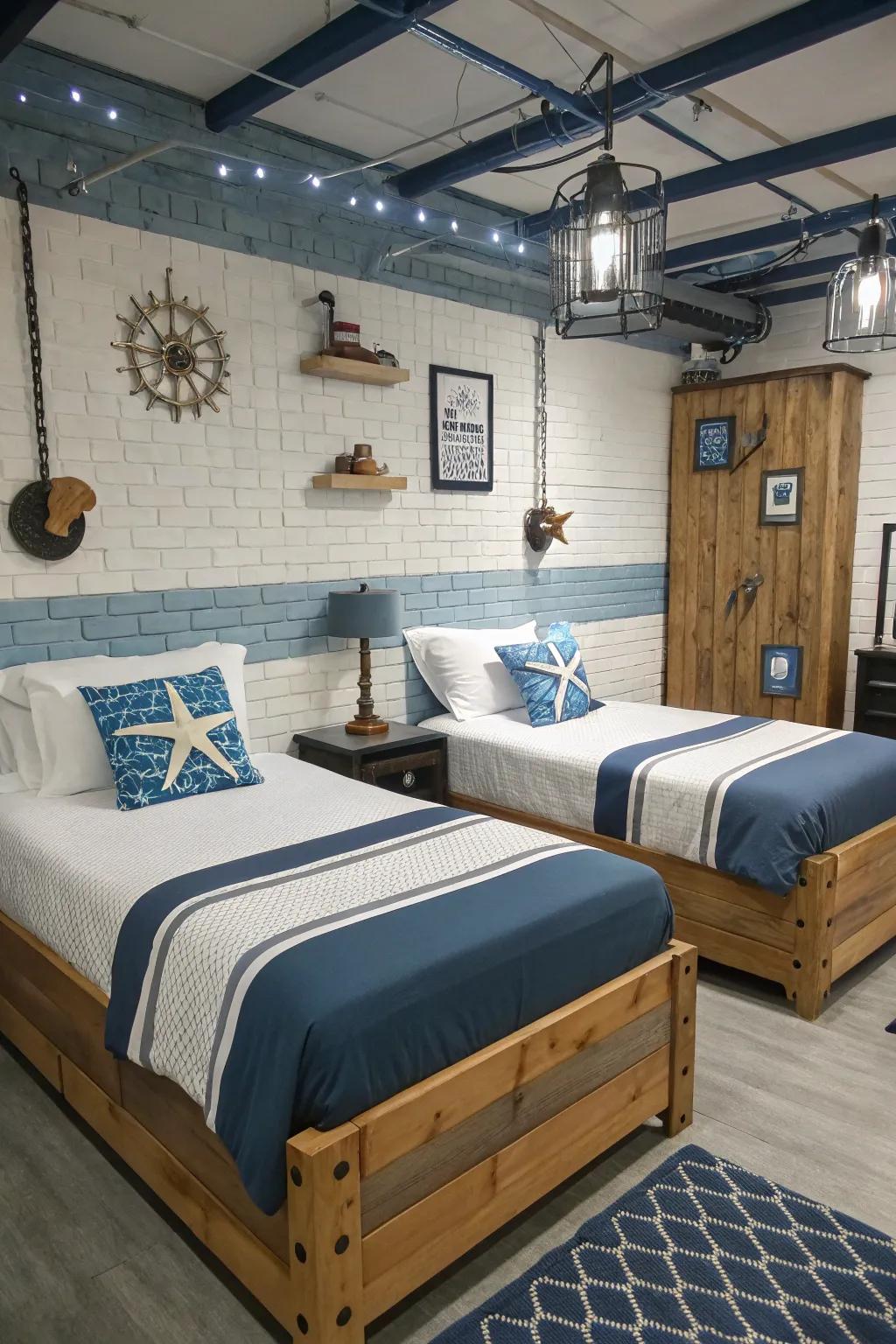 A themed design brings twin bed spaces together.