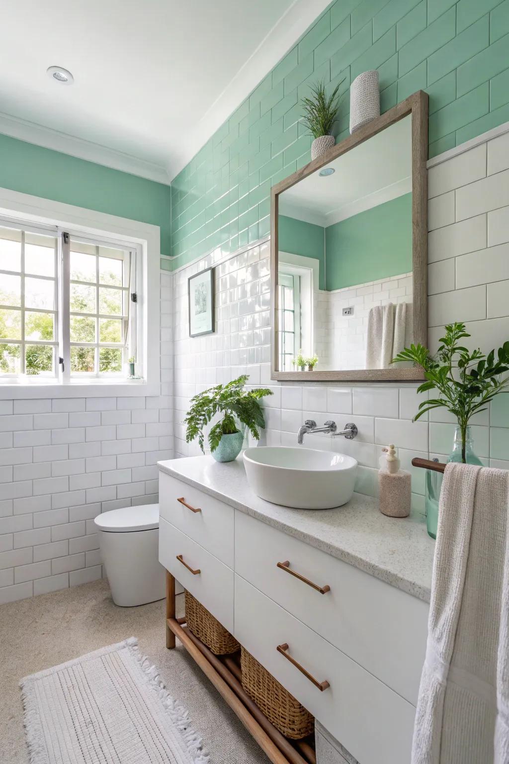 A cool mint and white two-tone wall design that gives off a fresh, clean vibe.