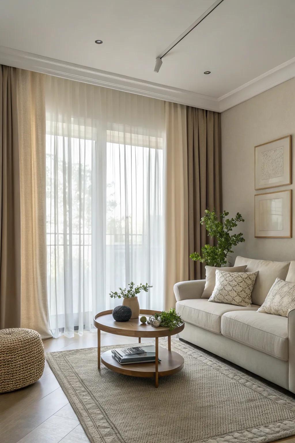 Minimalist two tone curtains offering simplicity in a clean living room.