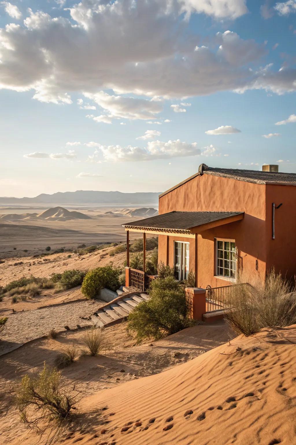Terracotta and sand provide a warm, earthy look.