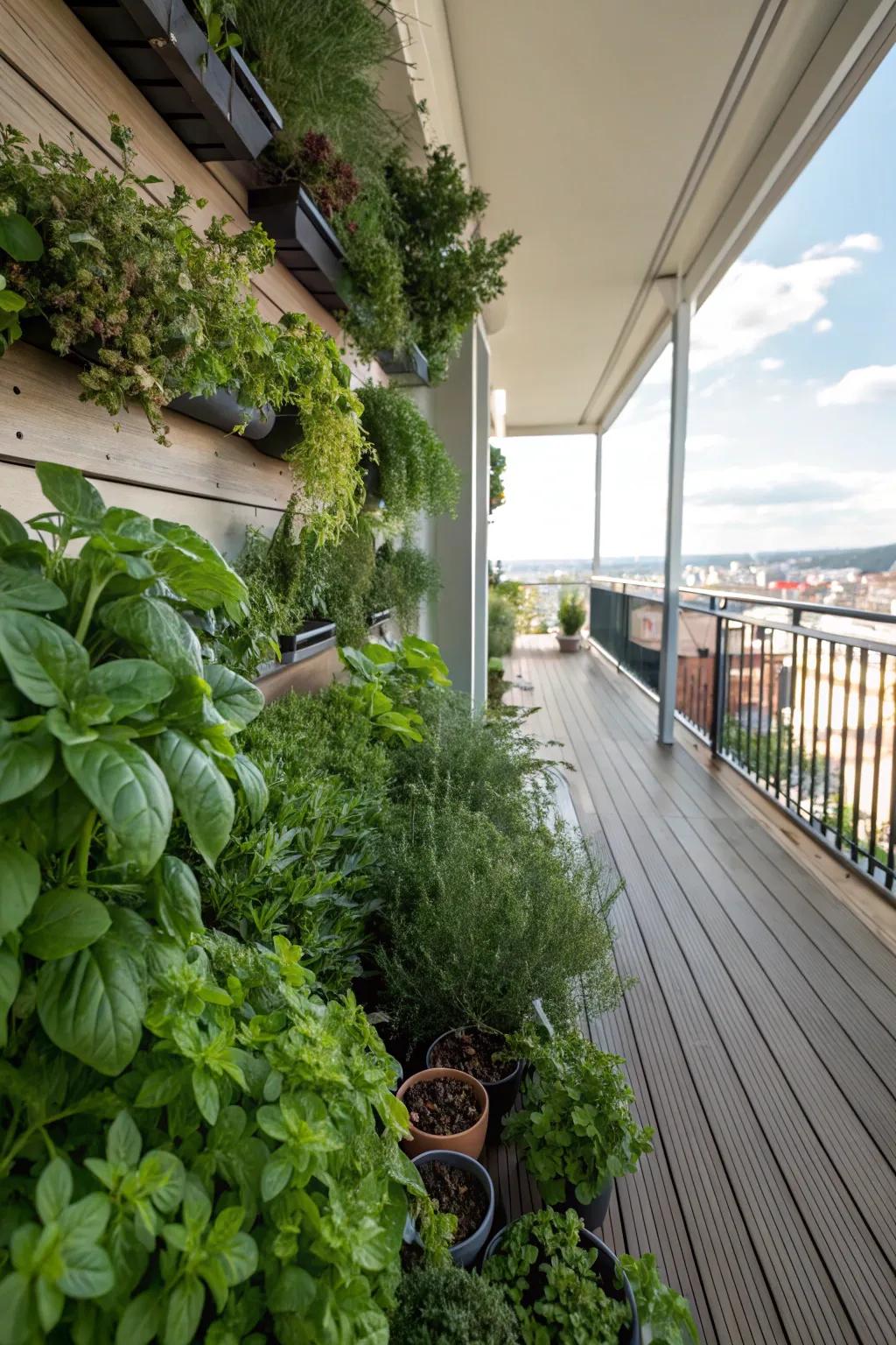 A flourishing vertical herb patch beneath the deck, optimal for fresh culinary essence.
