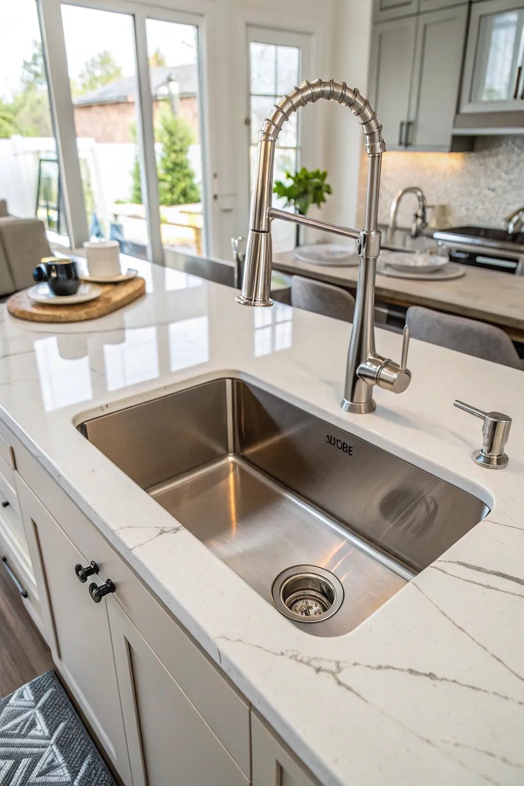 An offset drain undermount sink, enhancing kitchen effectiveness.